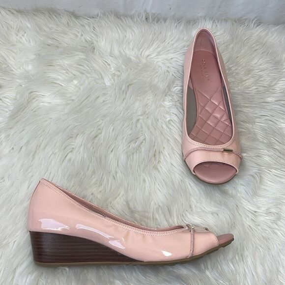 Cole Haan Grand OS Emory Shell Pink Patent Peep Toe Wedge Shoes Sz 10 - Picture 1 of 6